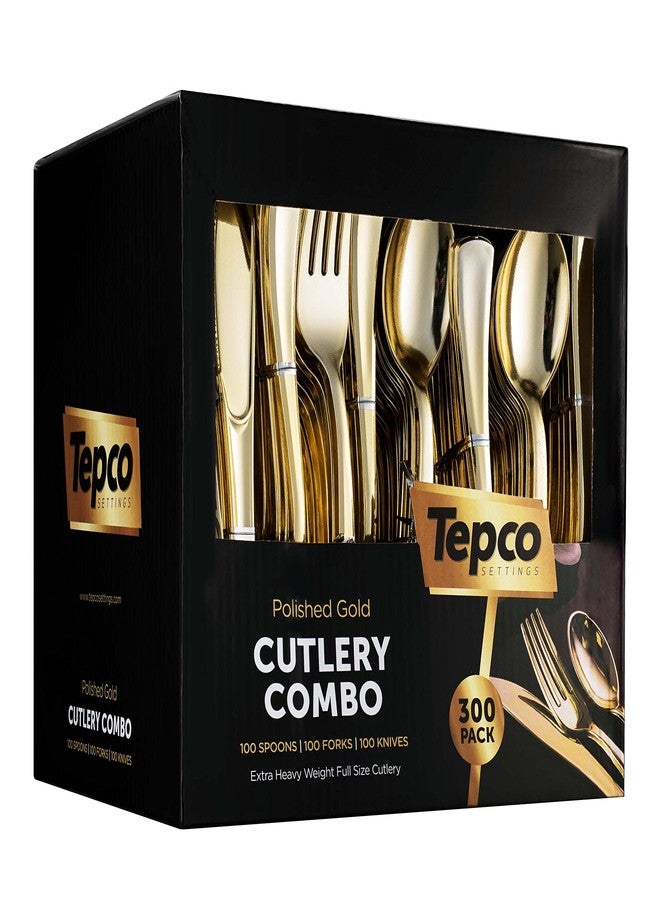 Tepco Settings 300 Gold Disposable Plastic Flatware Set - 100 Forks, 100 Spoons, 100 Knives - Heavy Duty Silverware for Party Bulk - Image 1