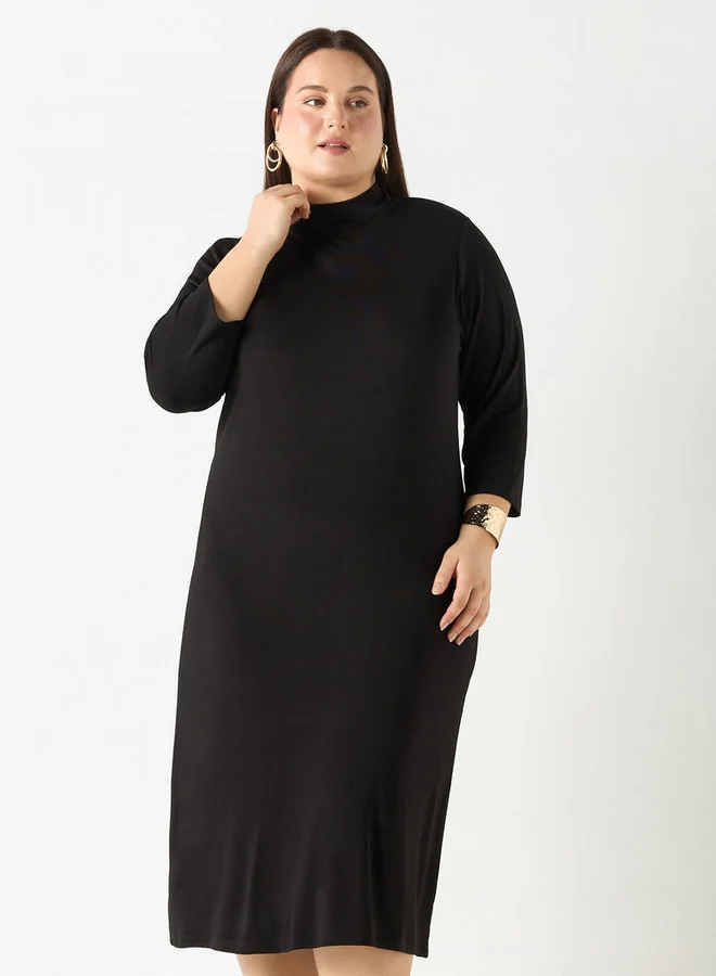 Ulla Popken Plus Size Ulla Popken Solid Dress with High Neck and 3/4 Sleeves