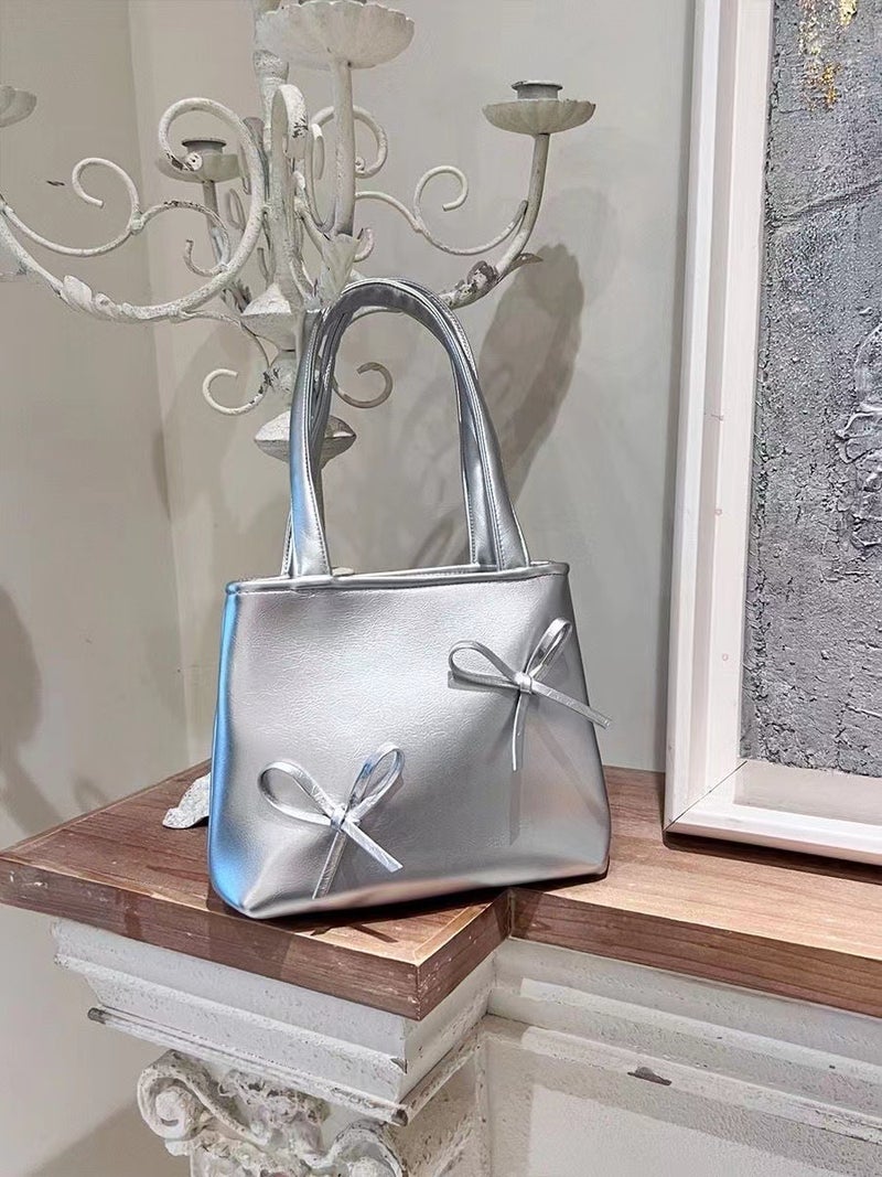 Y2K Sweet Cool Small Tote Bag Silver Bag Mini Mobile Phone Bag Bow Handbag For Women - Image 1