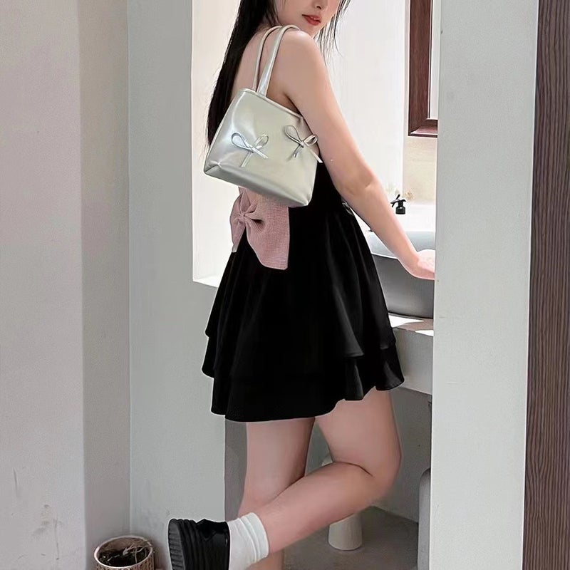Y2K Sweet Cool Small Tote Bag Silver Bag Mini Mobile Phone Bag Bow Handbag For Women - Image 3