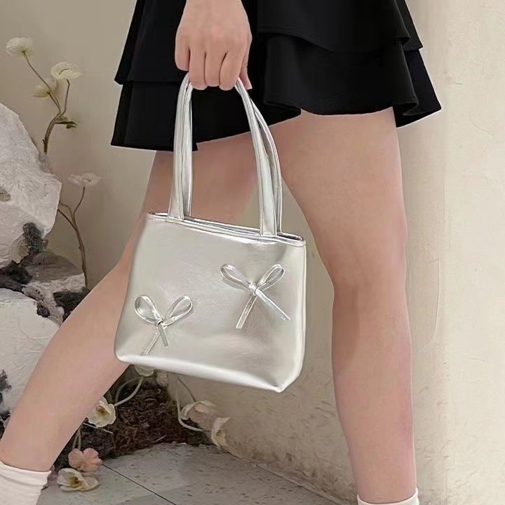 Y2K Sweet Cool Small Tote Bag Silver Bag Mini Mobile Phone Bag Bow Handbag For Women - Image 2