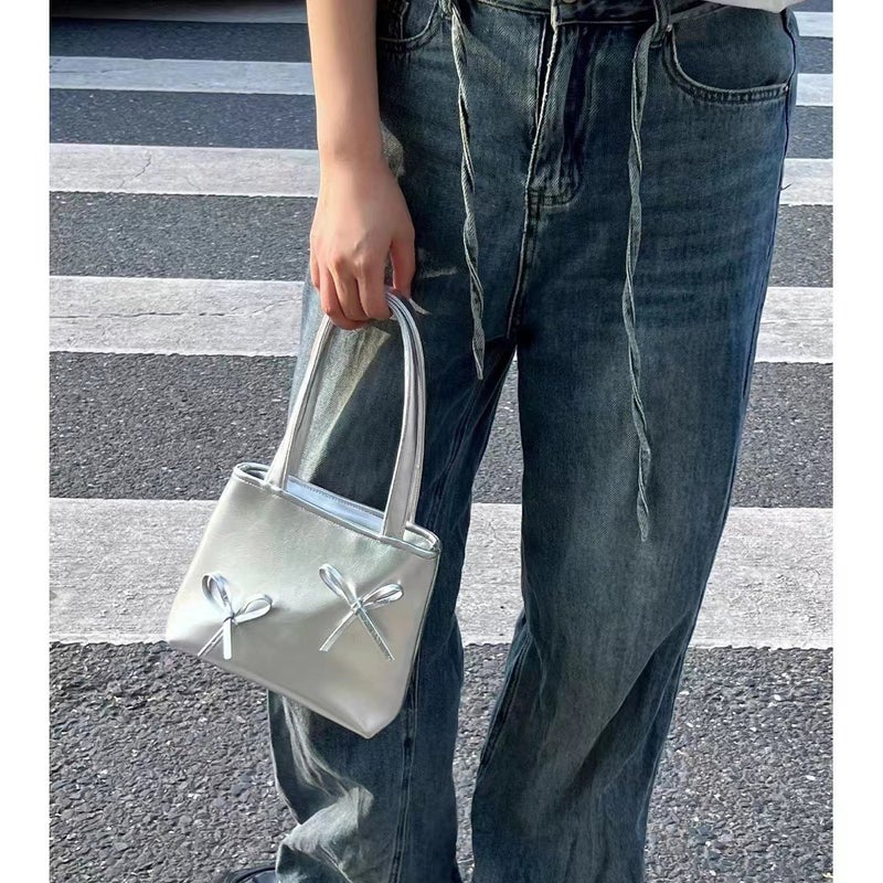Y2K Sweet Cool Small Tote Bag Silver Bag Mini Mobile Phone Bag Bow Handbag For Women - Image 4