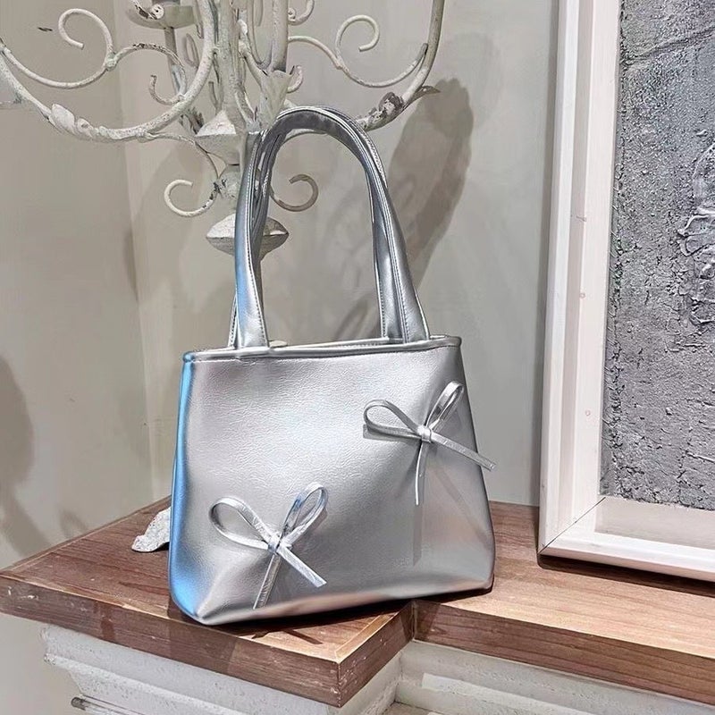 Y2K Sweet Cool Small Tote Bag Silver Bag Mini Mobile Phone Bag Bow Handbag For Women - Image 5