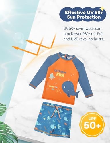 weVSwe Toddler Swimsuit Boy UPF 50+ Long Sleeved Baby Bathing Suit Set Infant Swim Shirt Trunk Two Piece Blue Orange Whale 18-24 Months - Image 4