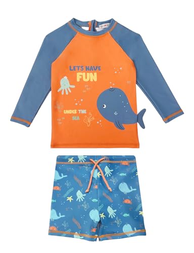 weVSwe Toddler Swimsuit Boy UPF 50+ Long Sleeved Baby Bathing Suit Set Infant Swim Shirt Trunk Two Piece Blue Orange Whale 18-24 Months - Image 1