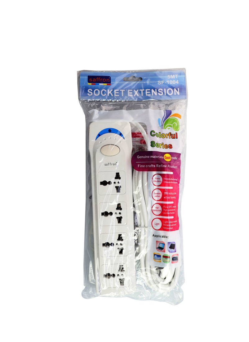 Saffron - SF 1004-4 Way 5M Extension Socket, 4 Socket Extension Plug, 5 Meter Long Wire - White - Image 1