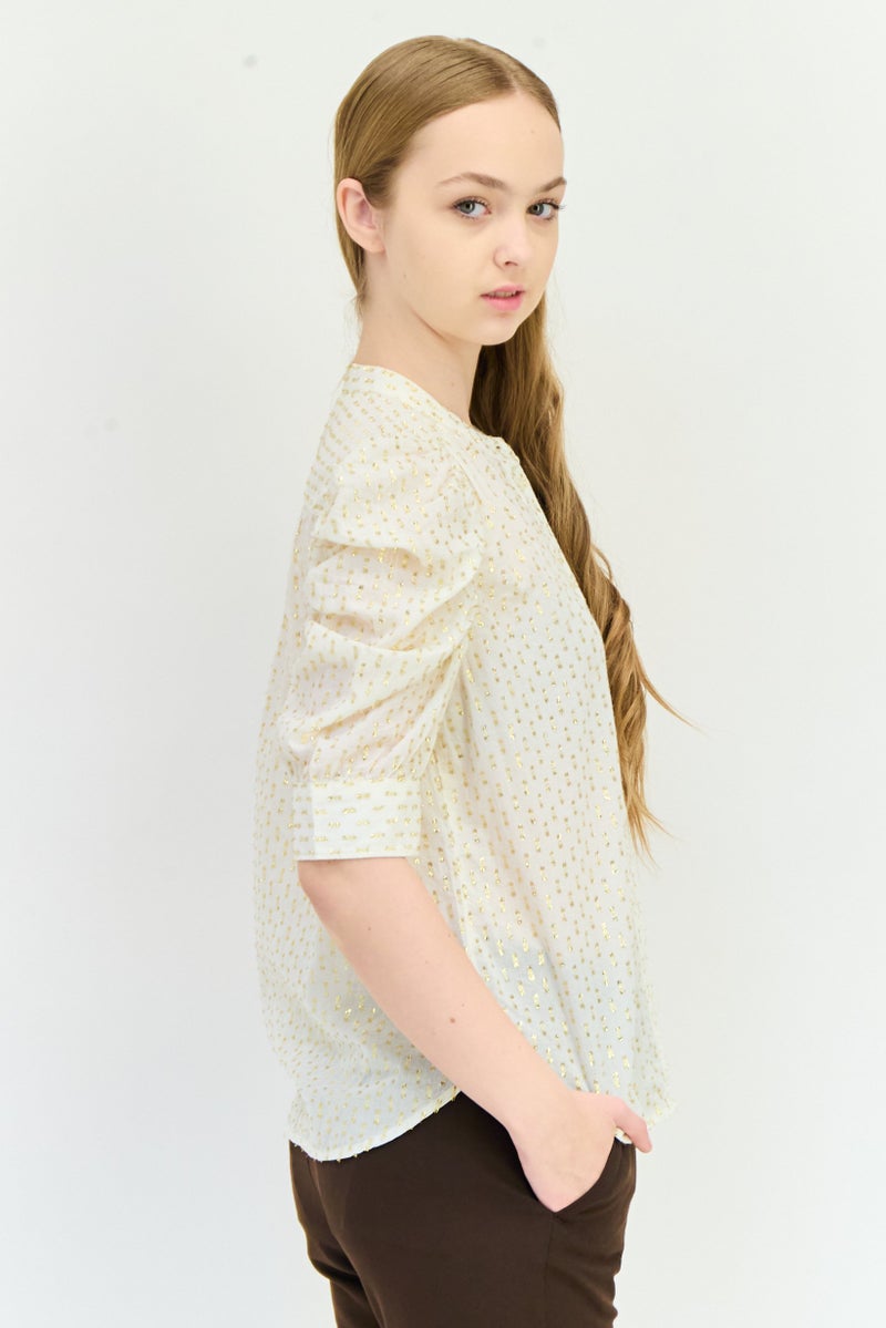 GAP Women Band Collar Elbow Sleeves Metallic Blouse, Multicolor - Image 2