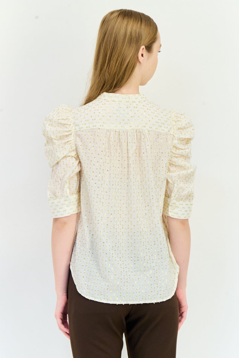 GAP Women Band Collar Elbow Sleeves Metallic Blouse, Multicolor - Image 3