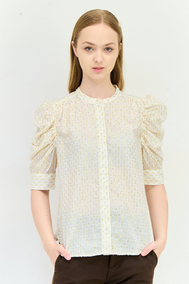 GAP Women Band Collar Elbow Sleeves Metallic Blouse, Multicolor - Image 1