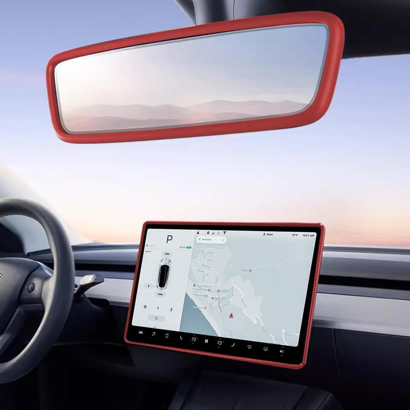 2PCS Protector Trim Frame Compatible with Tesla Model 3 Y 20192024 2025 Screen Edge Frame Rearview Mirror Cover Interior Silicone Decorations Center Console Decor Highland Juniper Accessories Red