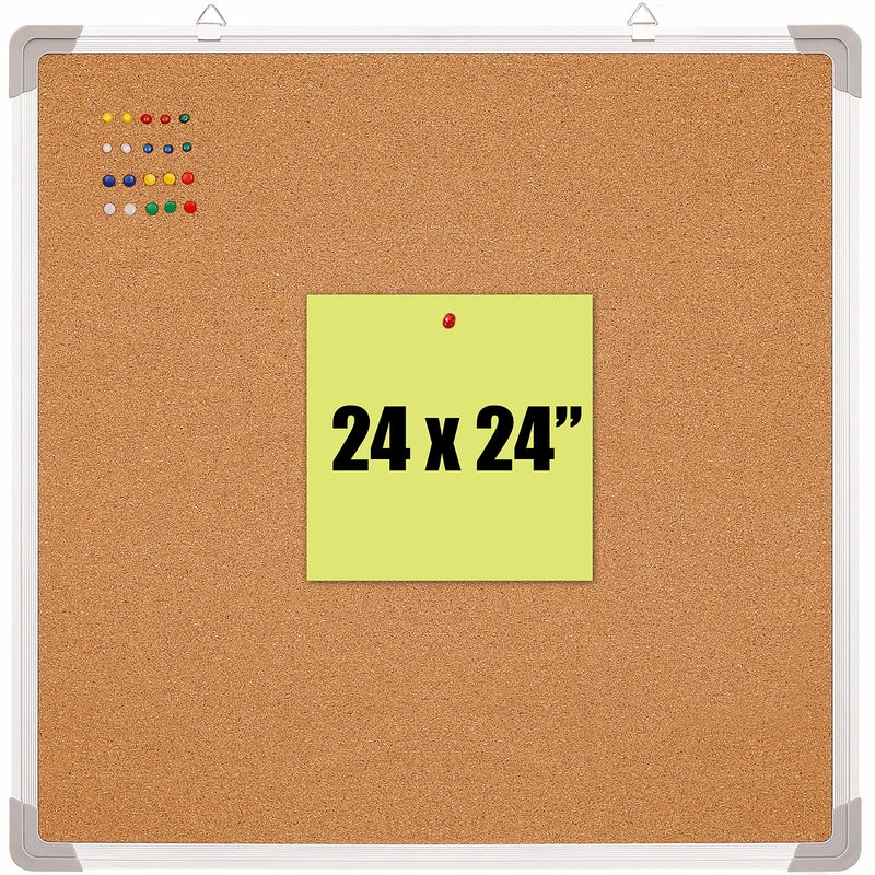 Cork Board Set Bulletin Corkboard 24 x 24 inch Framed with 10 Thumb Tacks Wall Hanging Message Memo Pin Tackboard Organizer for Home Office Desk and Cubicle Cork 24x24