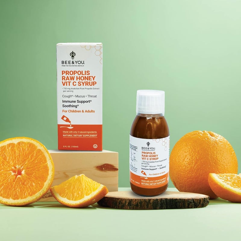 BEE & YOU BEE and You Propolis Extract Cough Syrup w/Vitamin C, Soothing Honey, Natural Immune Support, Sore Throat Relief, Antioxidants, for Kids & Adults, 5 Fl Oz, for Men and Women