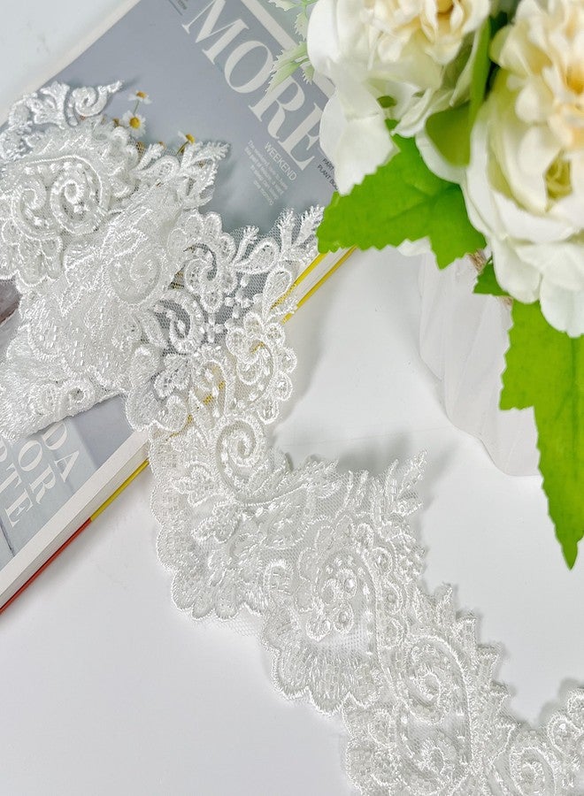VIRFONOR 2yard Embroidered Lace Trim with Sequins and Beads,Floral Lace Appliqué Ribbon for Wedding Dresses, Gowns, Headpieces, DIY Sewing Crafts (Pattern C) - Image 3
