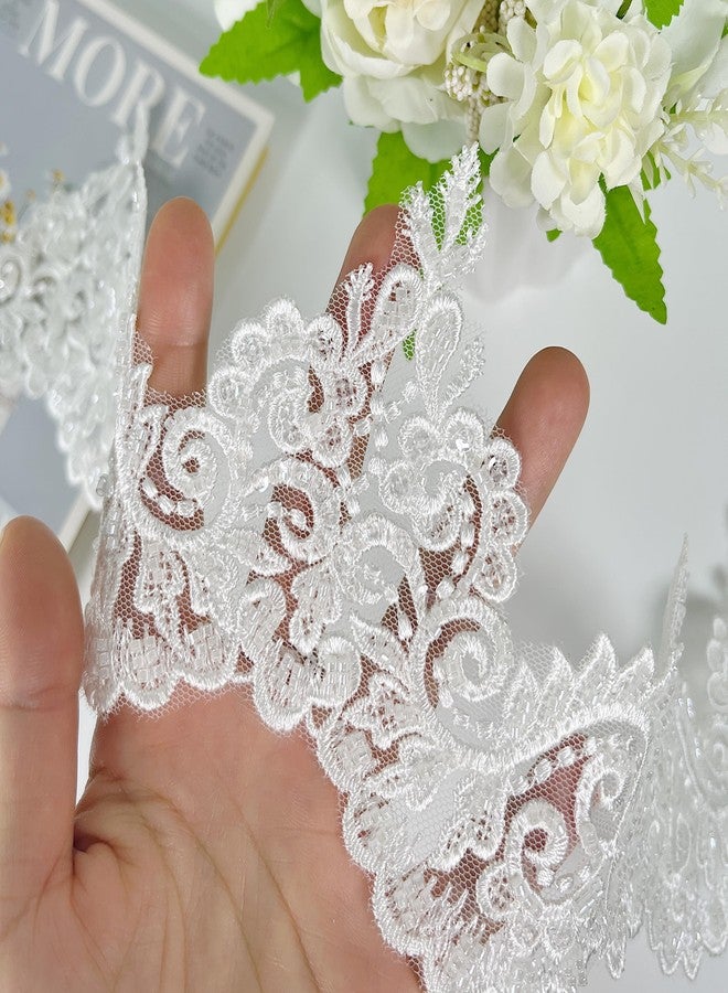 VIRFONOR 2yard Embroidered Lace Trim with Sequins and Beads,Floral Lace Appliqué Ribbon for Wedding Dresses, Gowns, Headpieces, DIY Sewing Crafts (Pattern C) - Image 5