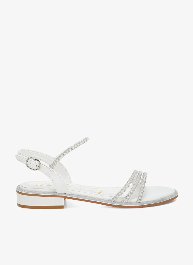 Rhinestone Pearl Detail Flat Sandals White