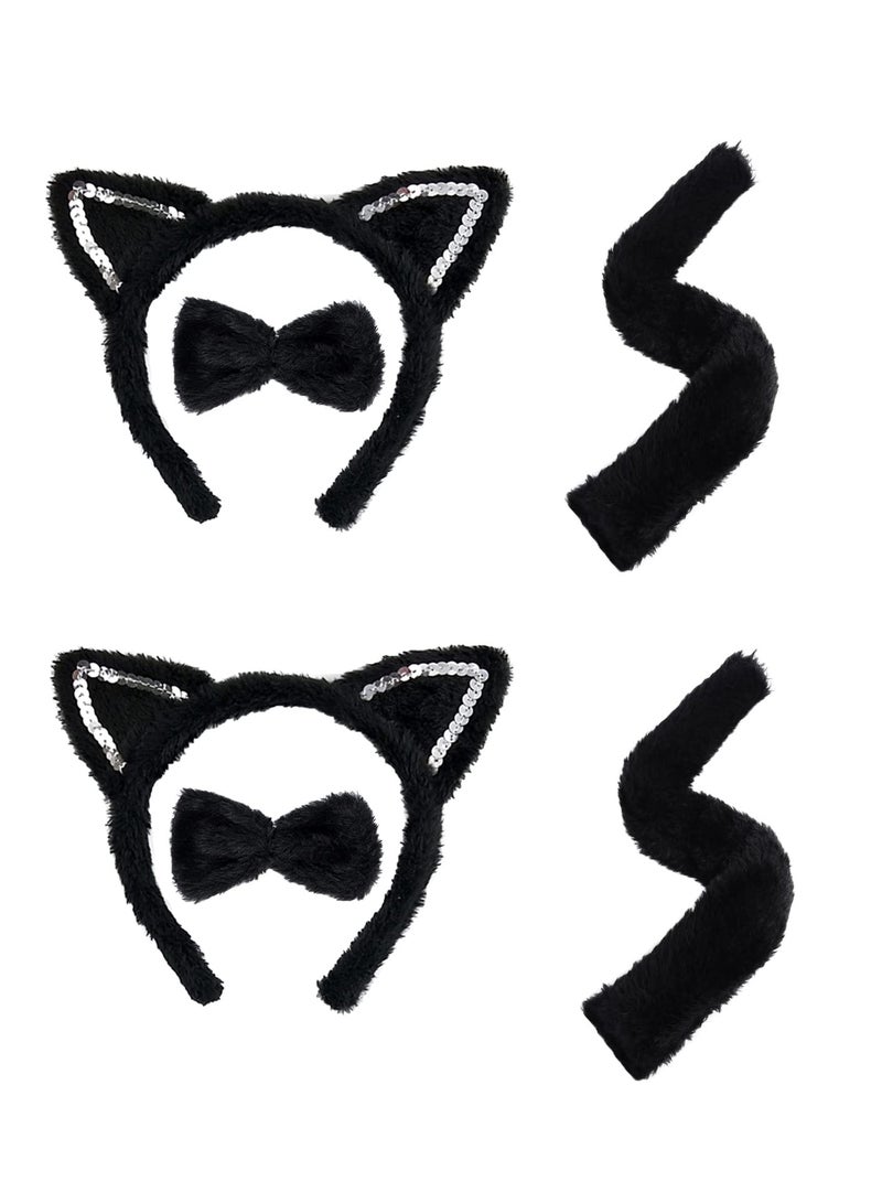 KASTWAVE مجموعة أزياء القطط KASTWAVE 2PCS، مجموعة تنكرية بذيل قط طويل لأزياء هالوين، عصابة رأس آذان قط، ذيل قط، رباط قوس، قناع هارلكوين لملابس يوم الحب وهالوين (أسود) - Image 1