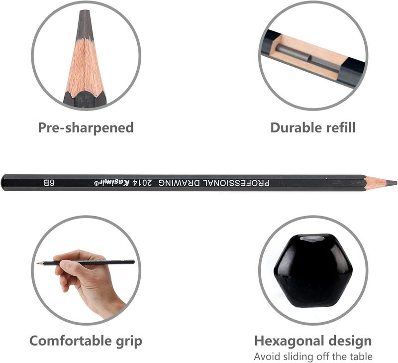 NASHRIO Professional Kids & Adults Drawing Sketching Pencil Set, 14 Pcs Art Pencils,12B 10B 8B 7B 6B 5B 4B 3B 2B B HB 2H 4H 6H Artist Pencils, Pencil Set with Pencil Case, Pencil Sharpener and Eraser. - Image 3