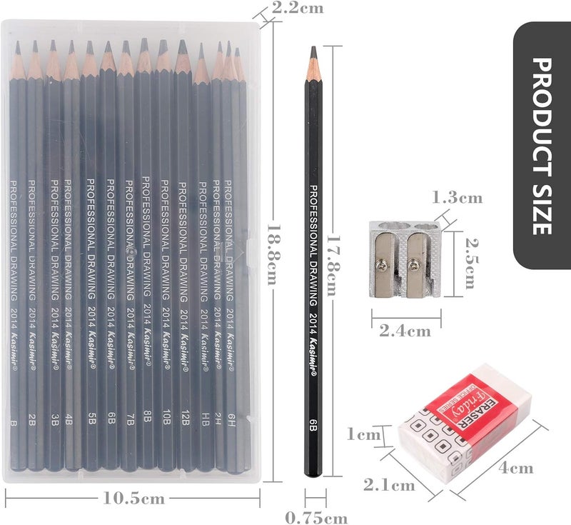 NASHRIO Professional Kids & Adults Drawing Sketching Pencil Set, 14 Pcs Art Pencils,12B 10B 8B 7B 6B 5B 4B 3B 2B B HB 2H 4H 6H Artist Pencils, Pencil Set with Pencil Case, Pencil Sharpener and Eraser. - Image 2
