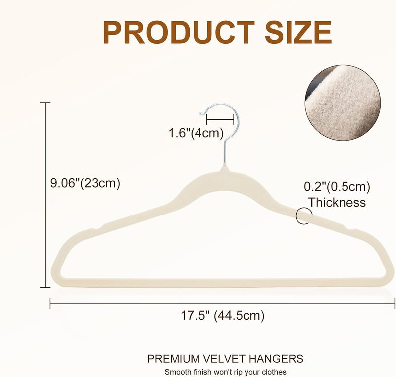 UREVO 20 Pack Non-Slip Velvet Hangers with Tie Bar & 360° Hook - Beige - Image 2