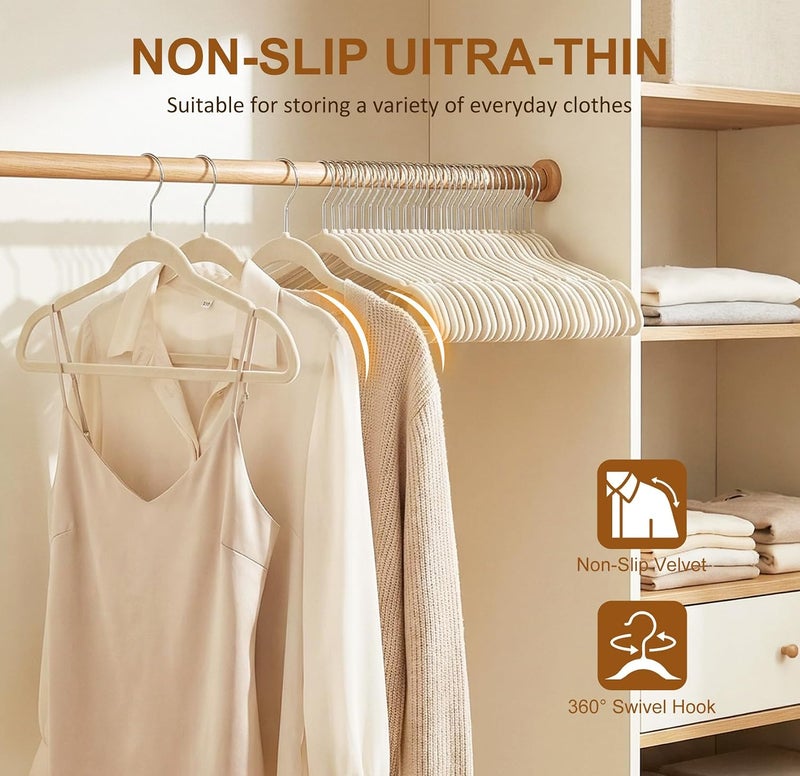UREVO 20 Pack Non-Slip Velvet Hangers with Tie Bar & 360° Hook - Beige - Image 3