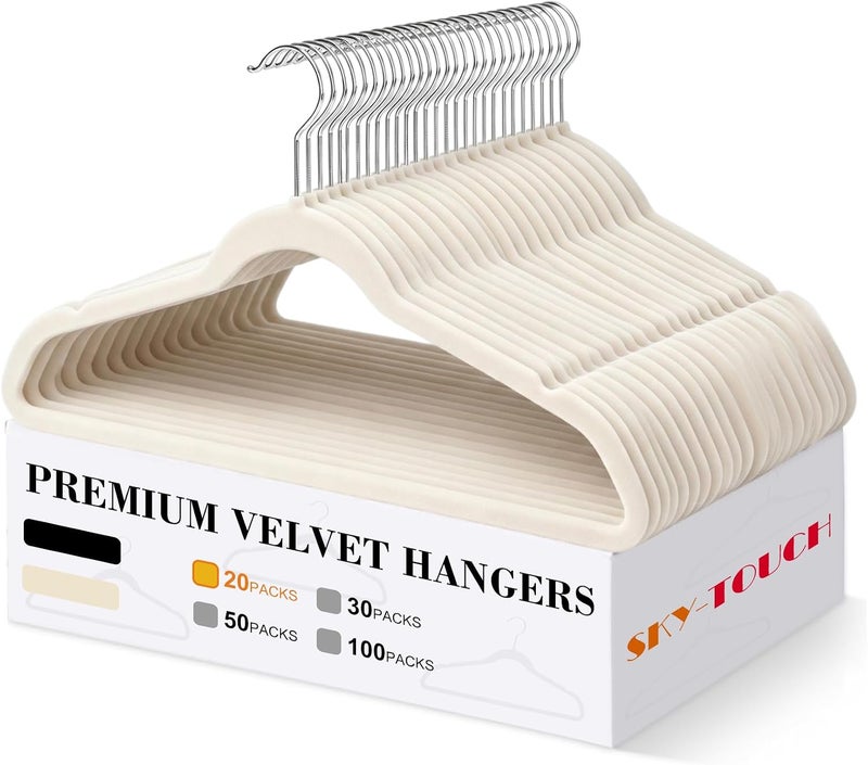 UREVO 20 Pack Non-Slip Velvet Hangers with Tie Bar & 360° Hook - Beige - Image 1
