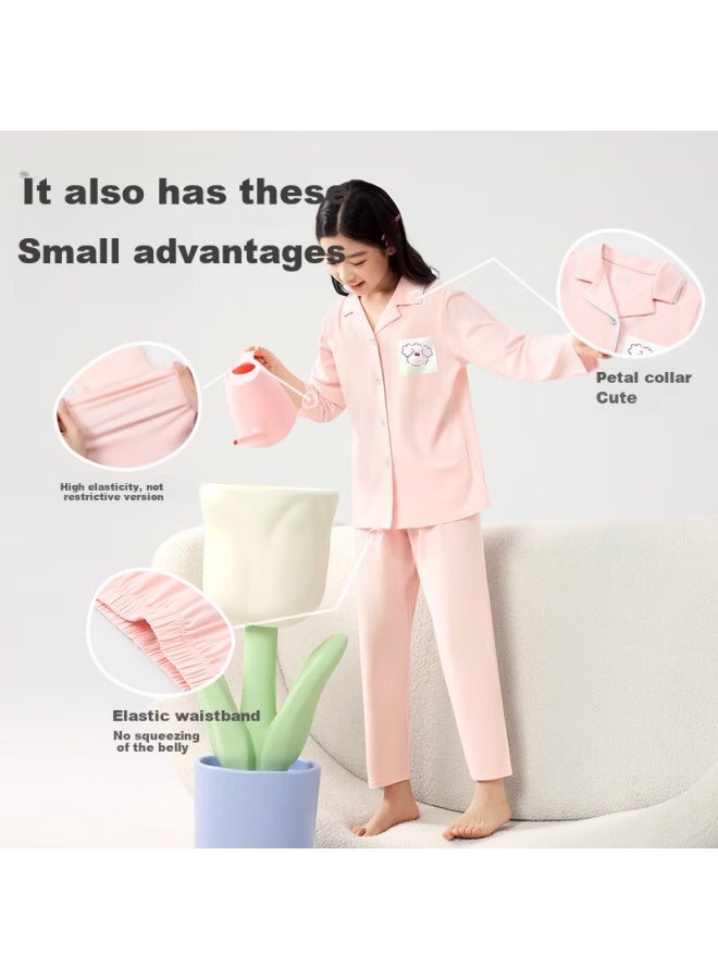 Long time companion Longevity Companion Children's Pajamas Girls' Spring And Summer Cotton Cardigan Home Wear Moisture Wicking Sweat Suit - Image 4