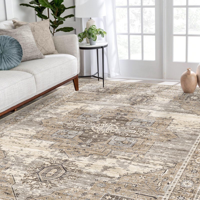 RUUGME Washable 5x7 Area Rugs - Large Rugs for Living Room Stain Resistant Carpet Vintage Rugs for Bedroom with Non Slip Backing Home Decor Floor Decoration Mat (5x7 Beige) - Image 1