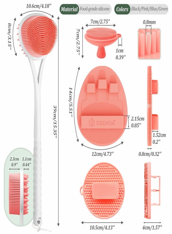 GEENOA Silicone Back & Body & Face Scrubbers Set 4PCS, 15.35’’ Soft Back Scrubber for Dual-Side Usage, Easy-to-Hold Bath Glove Body Scrubber Face Scrubber for Good Foaming & Deep Cleaning(Pink) - Image 2