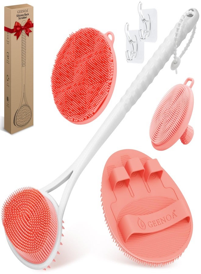 GEENOA Silicone Back & Body & Face Scrubbers Set 4PCS, 15.35’’ Soft Back Scrubber for Dual-Side Usage, Easy-to-Hold Bath Glove Body Scrubber Face Scrubber for Good Foaming & Deep Cleaning(Pink) - Image 1