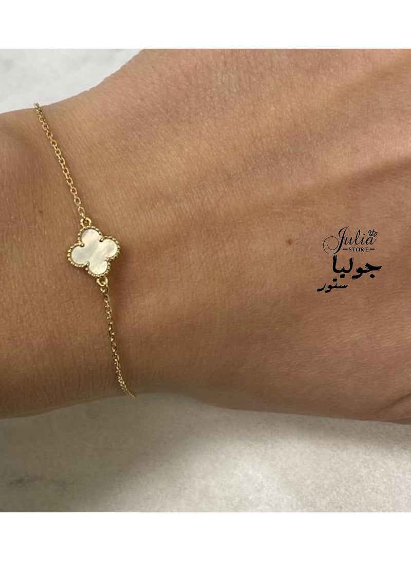 جوليا ستور سوار من الفولاذ المقاوم للصدأ مطلي بالذهب عيار 18 قيراطًا بتصميم عصري فاخر على شكل صدفة بحرية وأربع أوراق من نبات البرسيم الأبيض للنساء، أساور مجوهرات هدايا للنساء - أبيض - Image 2