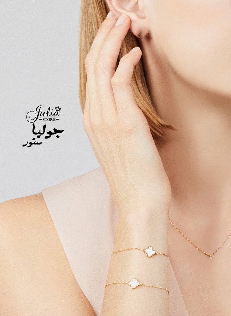جوليا ستور سوار من الفولاذ المقاوم للصدأ مطلي بالذهب عيار 18 قيراطًا بتصميم عصري فاخر على شكل صدفة بحرية وأربع أوراق من نبات البرسيم الأبيض للنساء، أساور مجوهرات هدايا للنساء - أبيض - Image 3