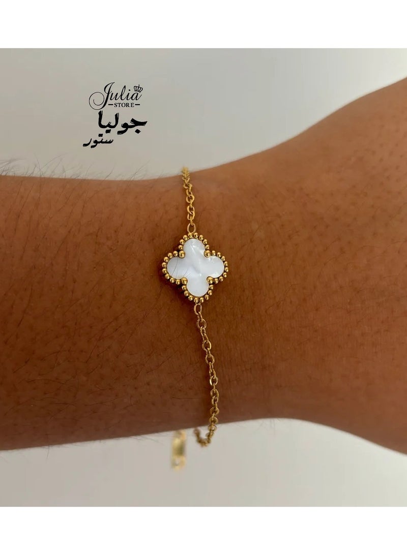 جوليا ستور سوار من الفولاذ المقاوم للصدأ مطلي بالذهب عيار 18 قيراطًا بتصميم عصري فاخر على شكل صدفة بحرية وأربع أوراق من نبات البرسيم الأبيض للنساء، أساور مجوهرات هدايا للنساء - أبيض - Image 4