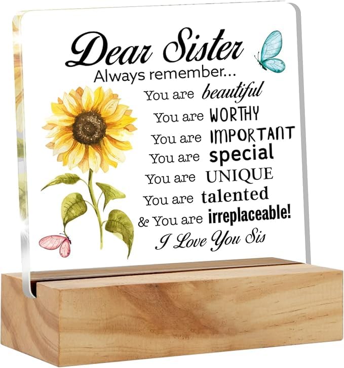 Bs amor Sisters Gift Best Sister Gifts From Sister, Inspirational Sister Love Desk Decor Floral Acrylic Desk Plaque Sign with Wood Stand Home Office Desk Sign 5x4 inches - Image 1