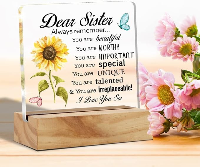 Bs amor Sisters Gift Best Sister Gifts From Sister, Inspirational Sister Love Desk Decor Floral Acrylic Desk Plaque Sign with Wood Stand Home Office Desk Sign 5x4 inches - Image 4