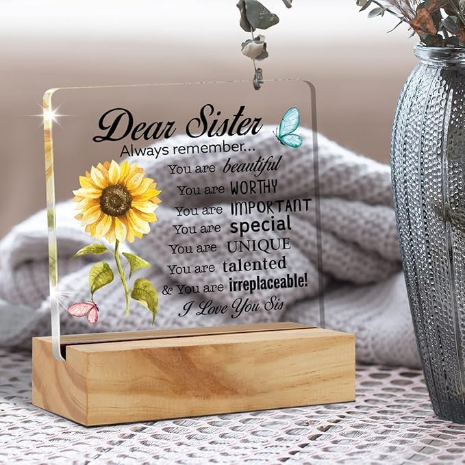 Bs amor Sisters Gift Best Sister Gifts From Sister, Inspirational Sister Love Desk Decor Floral Acrylic Desk Plaque Sign with Wood Stand Home Office Desk Sign 5x4 inches - Image 5