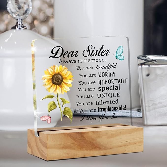 Bs amor Sisters Gift Best Sister Gifts From Sister, Inspirational Sister Love Desk Decor Floral Acrylic Desk Plaque Sign with Wood Stand Home Office Desk Sign 5x4 inches - Image 2