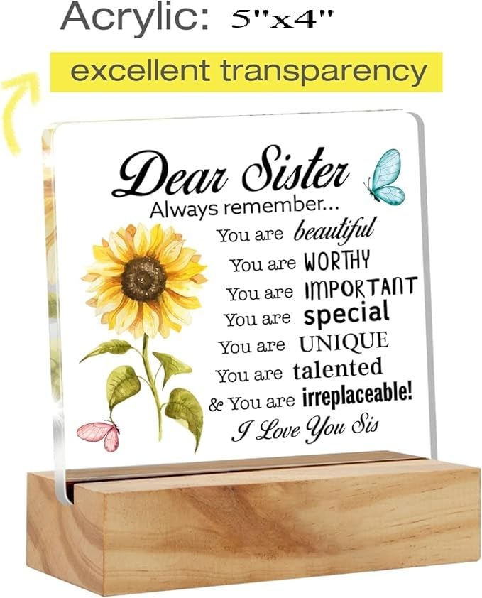 Bs amor Sisters Gift Best Sister Gifts From Sister, Inspirational Sister Love Desk Decor Floral Acrylic Desk Plaque Sign with Wood Stand Home Office Desk Sign 5x4 inches - Image 3