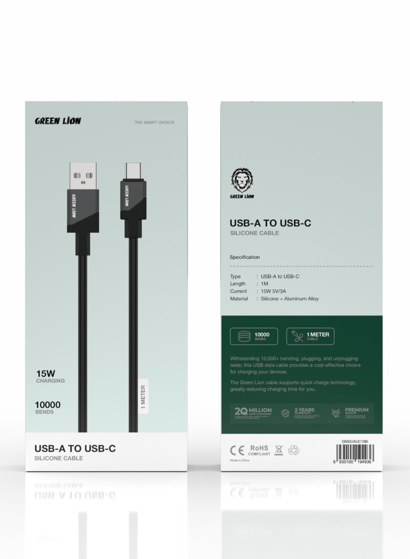 GREEN LION USB-A to USB-C 1 Meter Silicone Cable 15W / Wide Compatible / Charge & Sync / Secure & Safe / +10000 Bends / Supports Quick Charge Technology - Black - Image 2