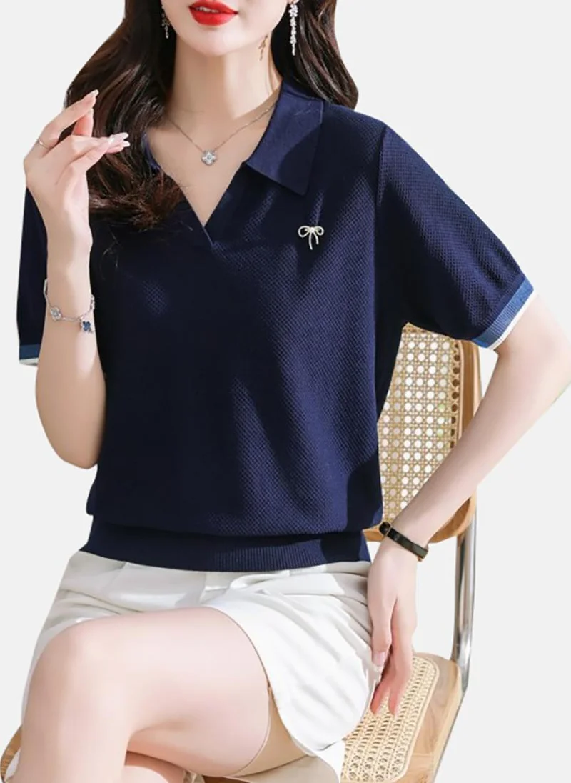 YUNIQEE Blue Solid Short Sleeve Polo Collar Polo Shirt