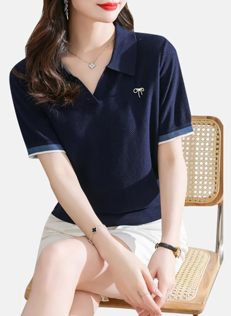 YUNIQEE Blue Solid Short Sleeve Polo Collar Polo Shirt