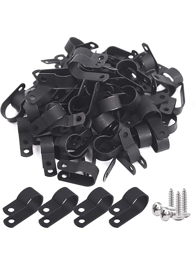 Green Tiger 120Pcs 5/8 Inch Black Nylon Screw Mounting R-Type Cable Clip Wire Clamp with 120Pcs Screws for Wire, Cable, Conduit and Cable Conduit Kit (Black) - Image 1