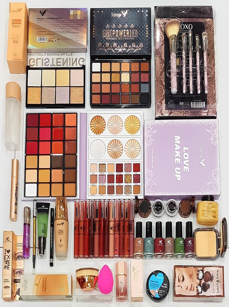 Complete Professional Makeup Set – Eyeshadow Palette, Highlighter, Lipsticks, Foundation, Makeup Brushes, Nail Polish & Beauty Tools
