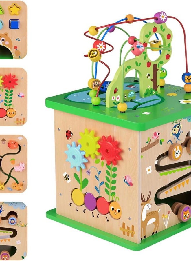 TOOKYLAND 5 in 1 Activity Center,Wooden Large Activity Play Cube 23"X13.5"X13.5",Wooden Learning Puzzle Toy for Toddlers, with Animal Friends, Shapes, Mazes, Shape Sorter - Image 2