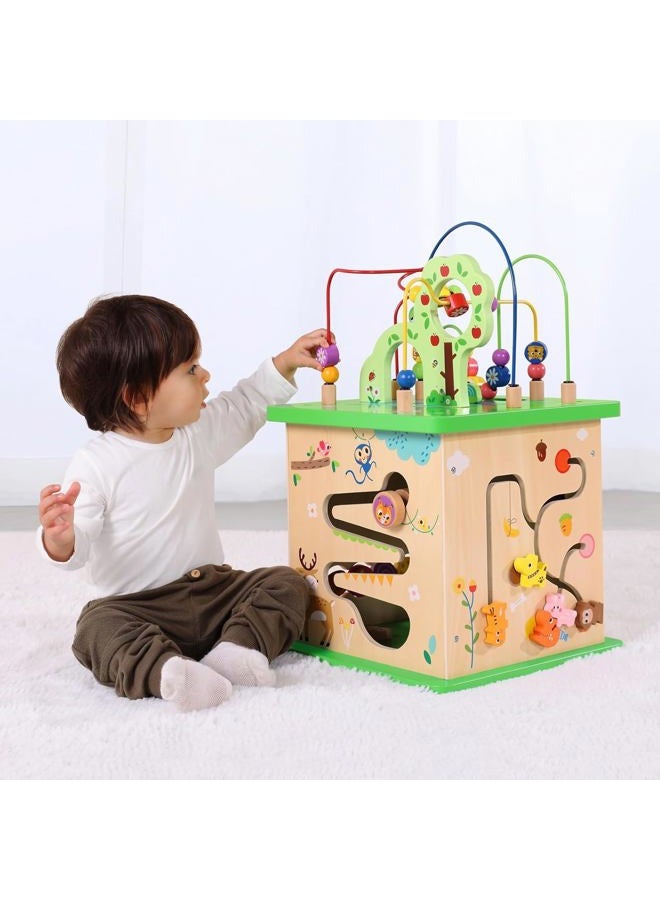 TOOKYLAND 5 in 1 Activity Center,Wooden Large Activity Play Cube 23"X13.5"X13.5",Wooden Learning Puzzle Toy for Toddlers, with Animal Friends, Shapes, Mazes, Shape Sorter - Image 1