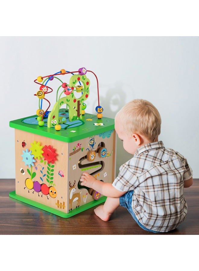 TOOKYLAND 5 in 1 Activity Center,Wooden Large Activity Play Cube 23"X13.5"X13.5",Wooden Learning Puzzle Toy for Toddlers, with Animal Friends, Shapes, Mazes, Shape Sorter - Image 5