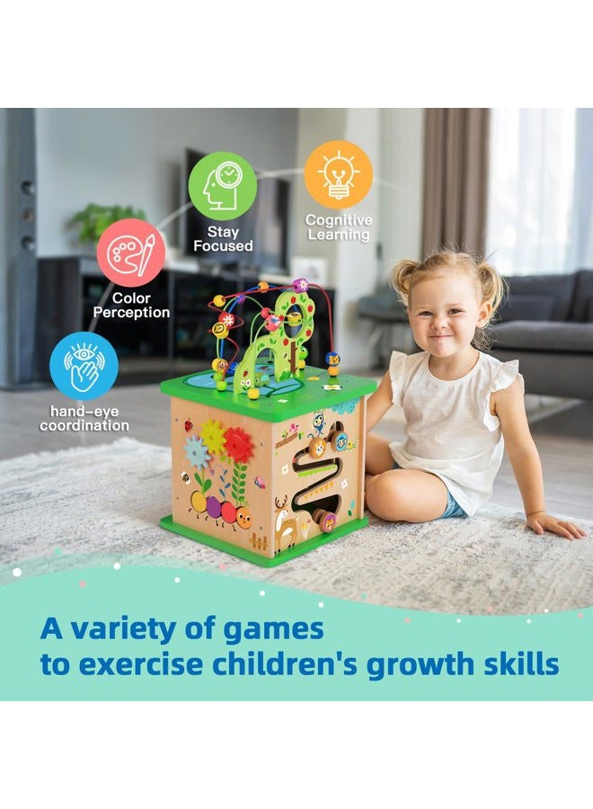 TOOKYLAND 5 in 1 Activity Center,Wooden Large Activity Play Cube 23"X13.5"X13.5",Wooden Learning Puzzle Toy for Toddlers, with Animal Friends, Shapes, Mazes, Shape Sorter - Image 3