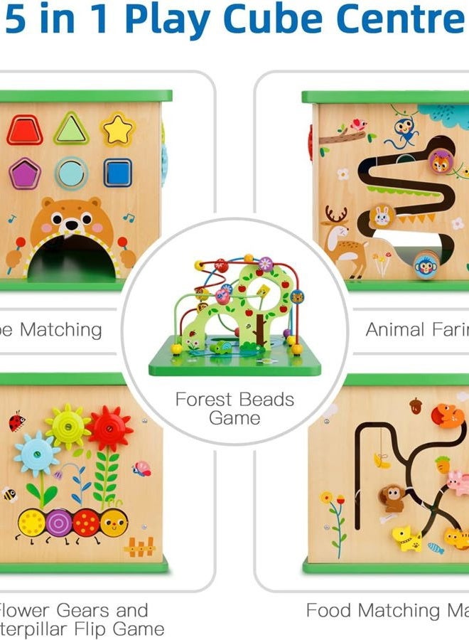 TOOKYLAND 5 in 1 Activity Center,Wooden Large Activity Play Cube 23"X13.5"X13.5",Wooden Learning Puzzle Toy for Toddlers, with Animal Friends, Shapes, Mazes, Shape Sorter - Image 4