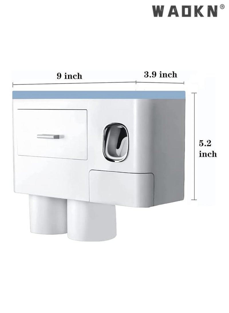 WAOKN Toothpaste Dispenser Wall Mount Toothbrush Holder for Bathroom ,2Cups and 1Drawer Storage Box,6 Toothbrush Slot ,Blue Toothbrush Holder Set  - Image 5
