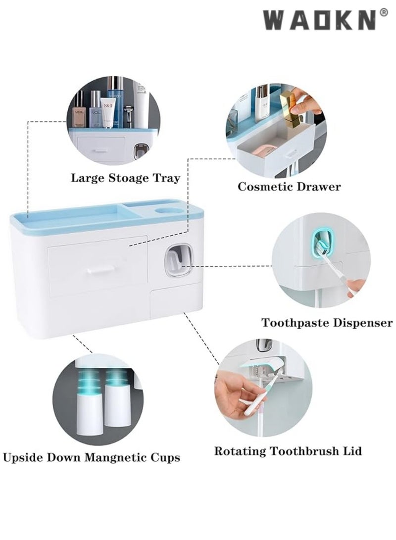 WAOKN Toothpaste Dispenser Wall Mount Toothbrush Holder for Bathroom ,2Cups and 1Drawer Storage Box,6 Toothbrush Slot ,Blue Toothbrush Holder Set  - Image 2