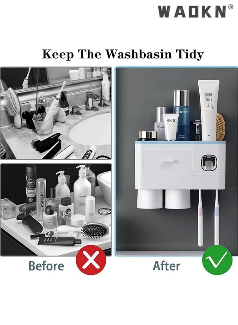 WAOKN Toothpaste Dispenser Wall Mount Toothbrush Holder for Bathroom ,2Cups and 1Drawer Storage Box,6 Toothbrush Slot ,Blue Toothbrush Holder Set  - Image 3